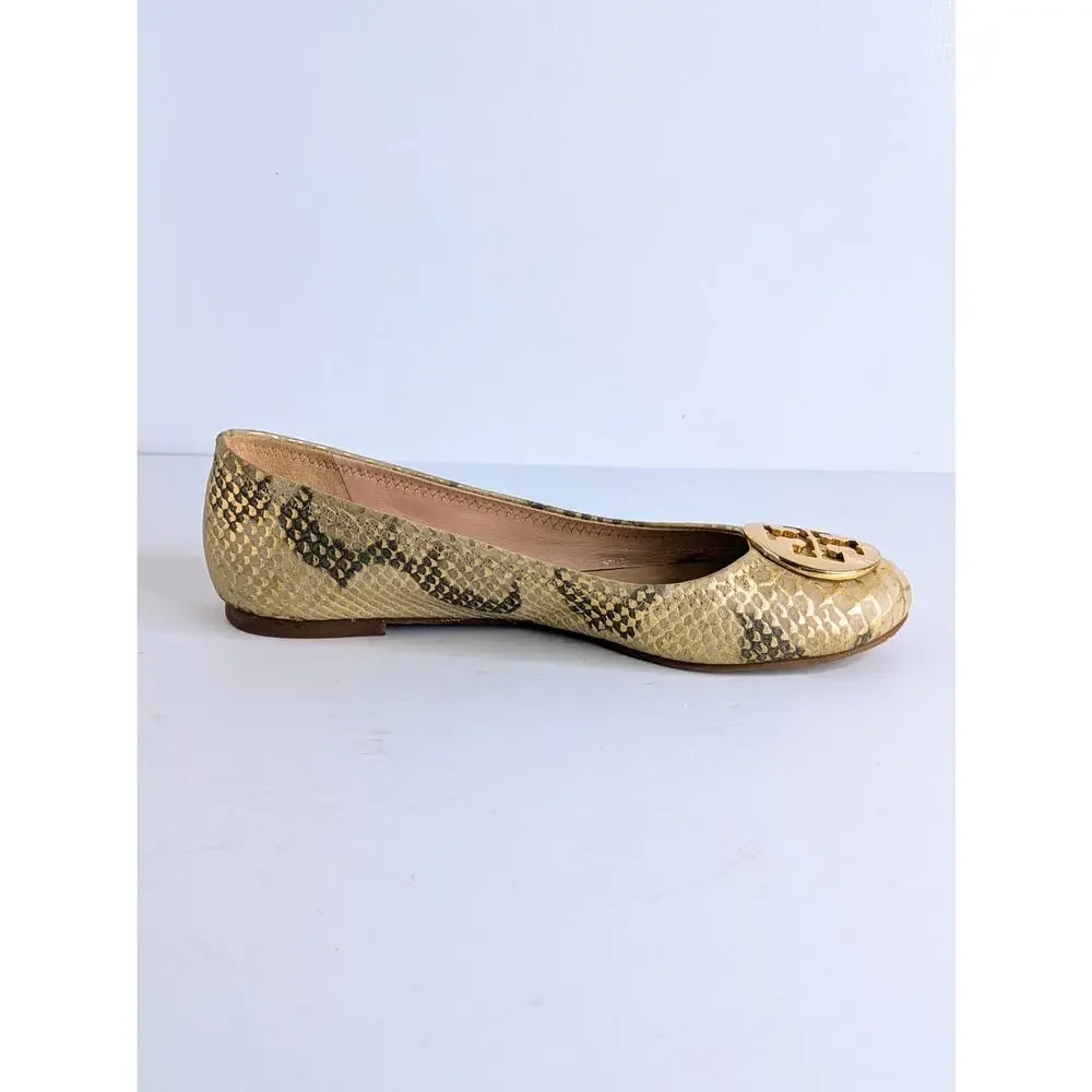 Tory Burch Reva Ballet Flats 7.5 Tan Gold Snakeskin Print Metallic Logo Round